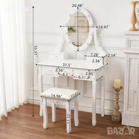 Тоалетка за грим с осветление, винтидж, комплект огледало и табуретка, снимка 3 - Тоалетки - 51546763