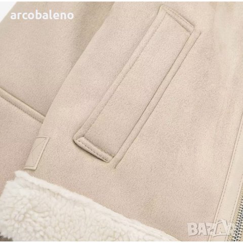 Дамско кожено двустранно яке с цип с цветен блок и топло свободно палто с ревер, снимка 13 - Якета - 44308433