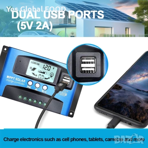 Y&H 40A MPPT контролер за соларни панели 12/24V с LCD, снимка 5 - Друга електроника - 52414370