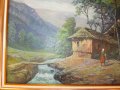 Стара картина ,Виктор Попов селски пейзаж,маслени бои,картонбои, снимка 8