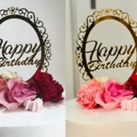 Happy Birthday овал златен черен твърд акрил топер украса декор за торта рожден ден, снимка 1 - Други - 30002645