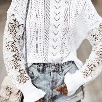 Дамска плетена блуза в бяло с ефектна бродерия, от памук и акрил, снимка 2 - Блузи с дълъг ръкав и пуловери - 42814561