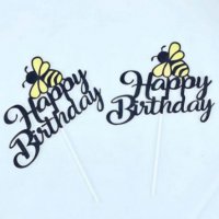 Happy Birthday пчела черен брокат картон топер украса табела за торта рожден ден , снимка 2 - Други - 30457594