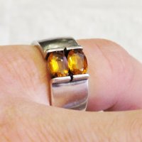 Стар марков мъжки сребърен пръстен с красиви желти сапфири -  стар внос от Щати, снимка 1 - Пръстени - 29499201
