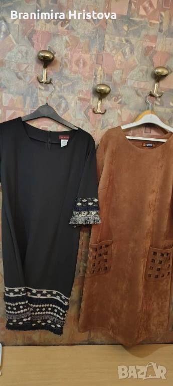 2 дамски рокли – черна с етно акценти + кафява (тип велур) с джобове – втора употреба, много запазен, снимка 1