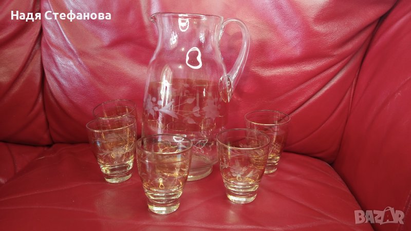 Ретро кана и 5 чаши комплект за вино, ракия, калиево стъкло, снимка 1
