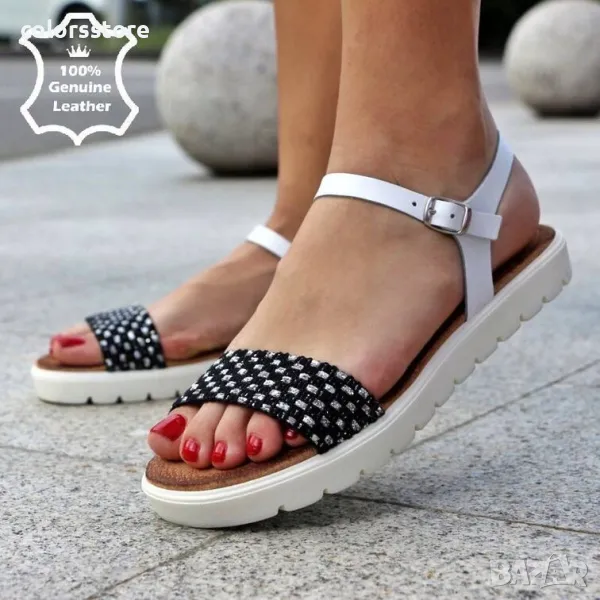 Равни сандали - бяло с черно ЕСТЕСТВЕНА кожа - 11127, снимка 1