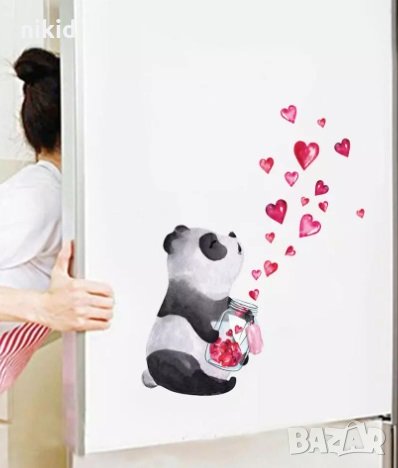 Мече Панда със сърца самозалепващ стикер лепенка за стена и мебел, снимка 1