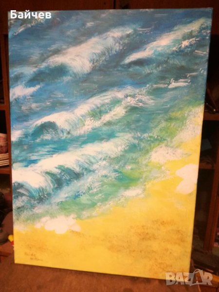Море,Вълни плаж,Масло бои на платно подписана картина, снимка 1