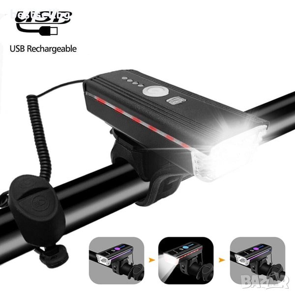 Фар LED фенер за колело светлини сирена звънец велосипед зареждащ USB, снимка 1