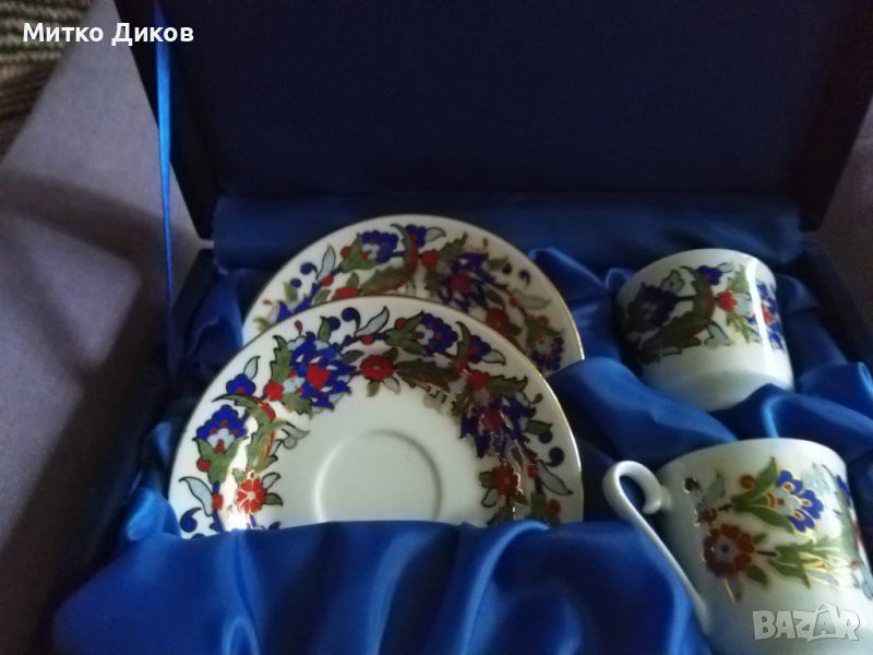 Kutahya марков порцелан маркиран комплект за кафе-две чаши и две чинийки ръчна изработка нов в кутия, снимка 1
