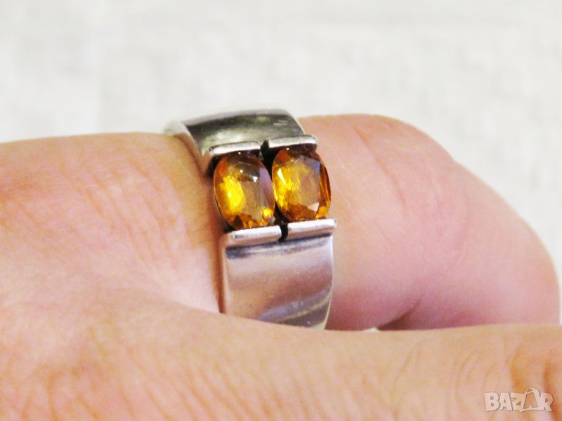 Стар марков мъжки сребърен пръстен с красиви желти сапфири сребро, снимка 1