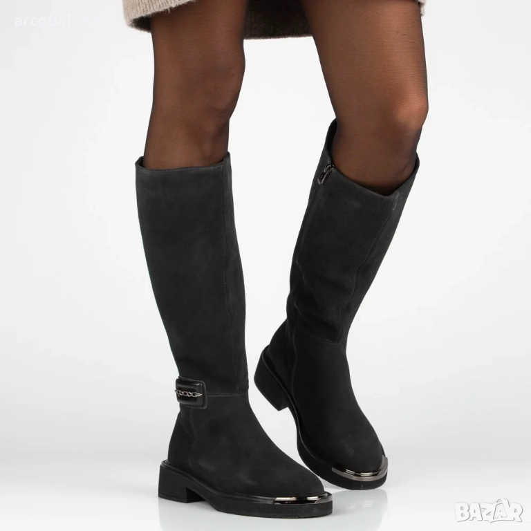 Дамски графитни ботуши Charlie от естествен велур с декоративен връх, снимка 1