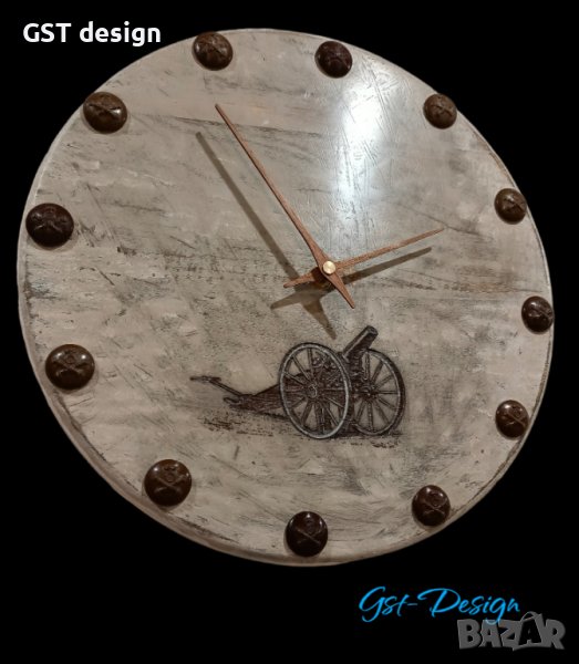 Стенен Часовник Дърво масив бакелит артилерия Царство България копчета Орех Стрелки гравиран оръдие, снимка 1