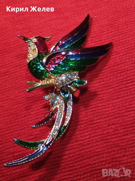 ПОЗЛАТЕНА КРИСТАЛНА ЕМАЙЛИРАНА БРОШКА ПАПАГАЛ ФИГУРКА БРОНЗ МНОГО КРАСИВА АРТ НУВО СТИЛ 26652, снимка 1