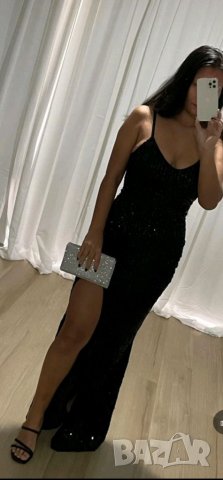 Дълга черна бална рокля с пайети с гол гръб с цепка, снимка 8 - Рокли - 37954445