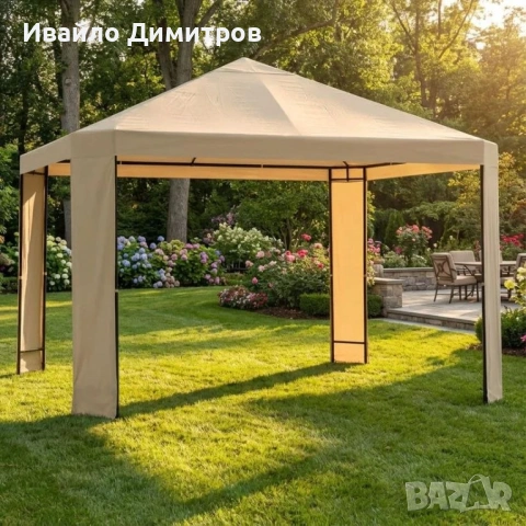 Павилион с рамкови стойки 3 х 3 м, бежов, снимка 2 - Градински мебели, декорация  - 54331328