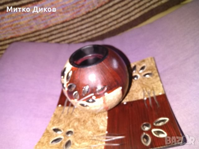 Дървен свещник в дървена чиния инкрустирана ръчна изработка, снимка 3 - Декорация за дома - 34015262