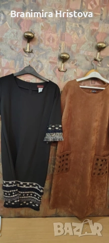 2 дамски рокли – черна с етно акценти + кафява (тип велур) с джобове – втора употреба, много запазен