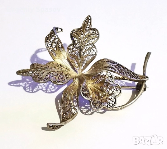 Старинна Сребърна Брошка Красива Дива Орхидея Филигран, снимка 3 - Други - 52437969