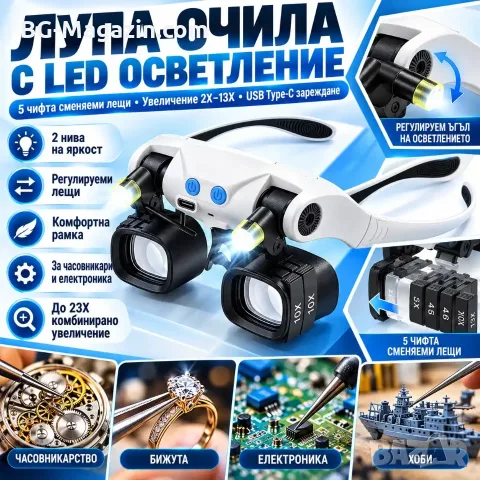 Лупа очила с LED осветление и 5 сменяеми лещи 2X–13X