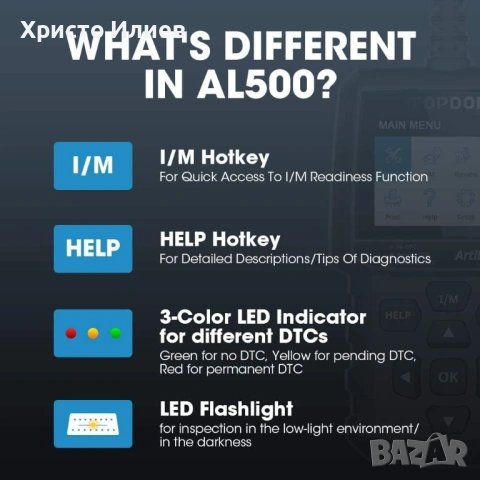 Автодиагностика Topdon ArtiLink 500 OBD обд OBD2 диагностичен инструмент диагностика, снимка 5 - Аксесоари и консумативи - 53962764