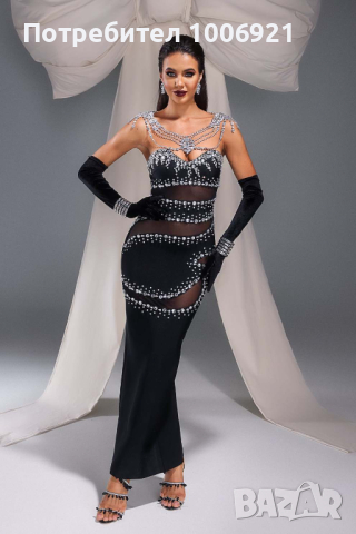 Класна дълга черна рокля с украсена с кристали,камъни в сребристо , снимка 5 - Рокли - 44585010