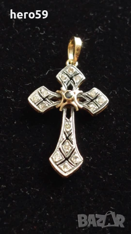 Стар златен 18к кръст с инкрустирани натурални диаманти и сапфир-диамант,злато, снимка 6 - Колиета, медальони, синджири - 51201975