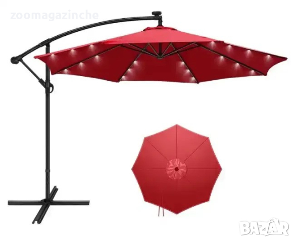 Градински чадър с LED осветление, 3м., с метална основа, цвят Червен, TLB017 10F