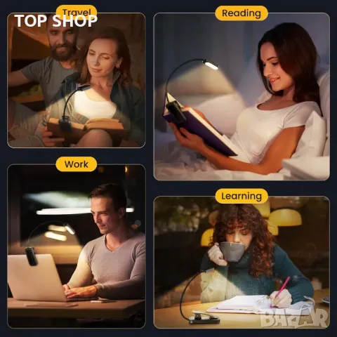 Лампа за книга GARITE, 10 LED димируема лампа за четене с щипка за книга, батерия с дълъг живот, аку, снимка 4 - Лед осветление - 48842540