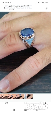 Сребърен мъжки пръстен от Тайланд със сапфири и опали, снимка 7 - Пръстени - 53073856