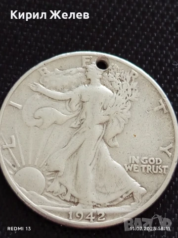 Сребърна монета половин долар 1942г. Америка продупчена за НАКИТ, НОСИЯ, КОЛЕКЦИЯ 43438, снимка 9 - Нумизматика и бонистика - 50989951