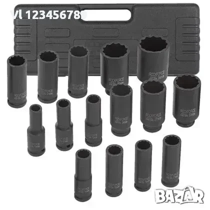 Вложки ударни, дълбоки, 1/2", комплект 15бр, 12-стен, 10-36м