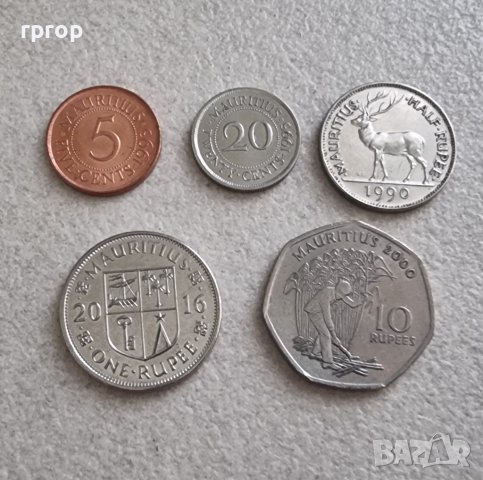 Монети. Мавриций. 5, 20  цента.  1/2 , 1  и 10 рупии. 5 бройки.