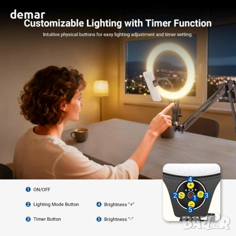 NEEWER 26,67 см настолна LED пръстеновидна лампа, дистанционно, стойка за телефон, N31, снимка 6 - Селфи стикове, аксесоари - 54048452