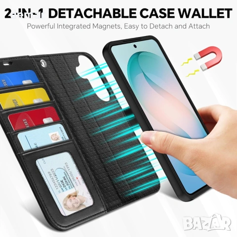 TUCCH калъф за Galaxy S26+ Plus (6.7") 2026, магнитен, подвижен 2 в 1 калъф-портфейл, черен, снимка 3 - Калъфи, кейсове - 53900651