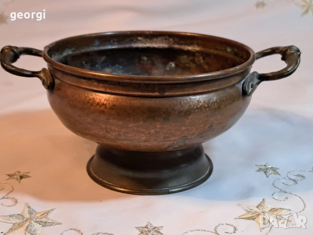 стара медна купа с бронзови дръжки 32/3, снимка 2 - Антикварни и старинни предмети - 53123697