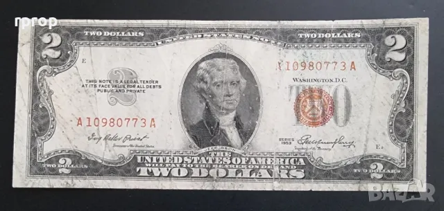 САЩ. Долар.  2 долара .  Червен печат .  1953    година. 