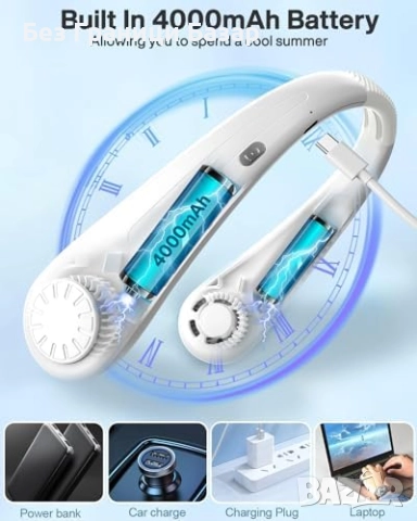 Нов Преносим вентилатор за врат 4000mAh – 3 скорости, USB Type-C, снимка 4 - Друга електроника - 52219485