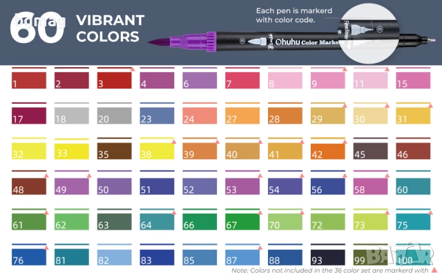Ohuhu Maui Series маркери с два писеца тип четка и тънък писец,60 цвята, снимка 2 - Ученически пособия, канцеларски материали - 52146416