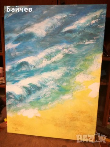 Море,Вълни плаж,Масло бои на платно подписана картина, снимка 1 - Картини - 35651002
