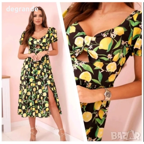 Рокля с лимони с миди дължина, снимка 2 - Рокли - 51436294