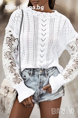 Дамска плетена блуза в бяло с ефектна бродерия, от памук и акрил, снимка 2 - Блузи с дълъг ръкав и пуловери - 42814561