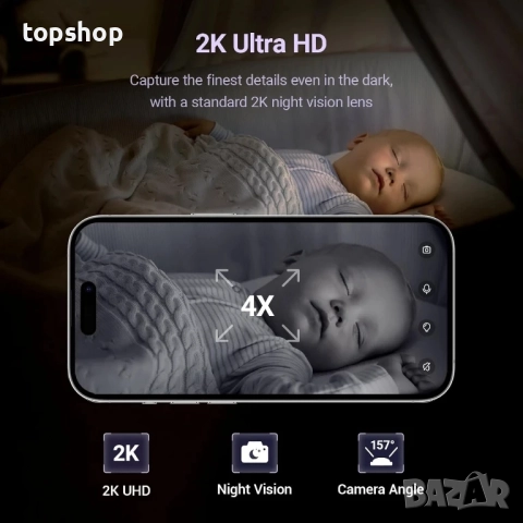 ЧИСТО НОВ, ЗАПЕЧАТАН Бебефон BOOPOO с изкуствен интелект за проследяване на дишането, 2K HD камера.., снимка 5 - Бебефони - 51637823