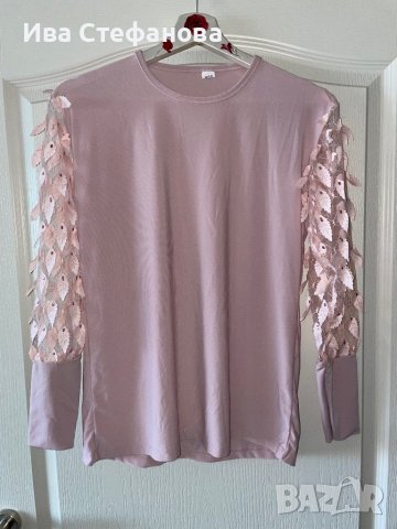 Разкошна памучна памук  бежова розова пепел от рози блуза 3D 3Д цветя , снимка 3 - Блузи с дълъг ръкав и пуловери - 42813046