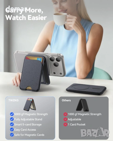MagSafe портфейл за 5 карти със стойка, RFID блокиране, черен, снимка 6 - Аксесоари за Apple - 54048167