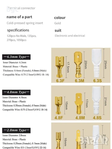 1050 броя НОВА КУТИЯ с Студено пресовани терминали клеми 2,8/4,8/6,3 mm , снимка 4 - Друга електроника - 53256612