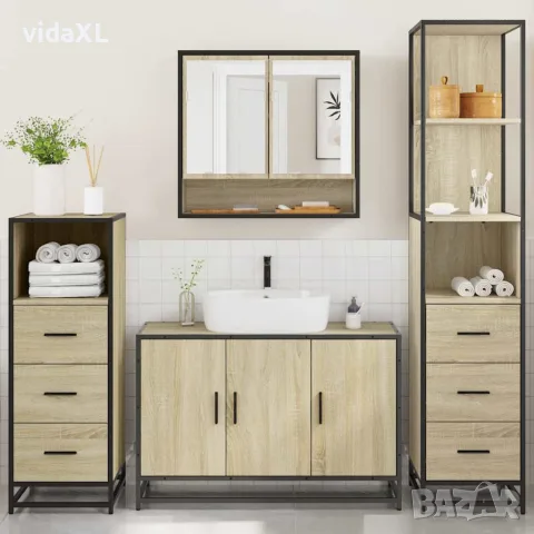 vidaXL Комплект шкафове за баня от 4 части дъб сонома инженерно дърво, снимка 3 - Шкафове - 56146967