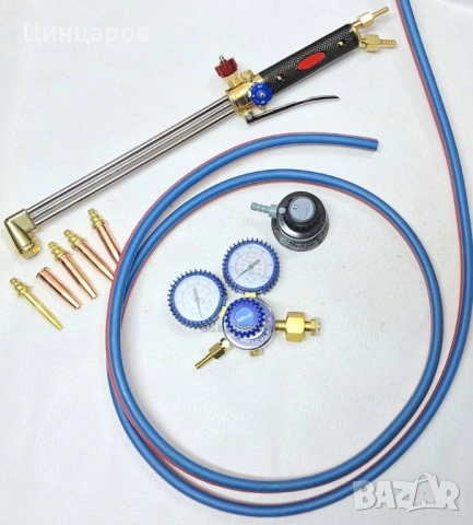 Резак газ-кислород, вградени клапани обратен удар, маркуч сдвоен 5м, дюзи 4бр, редуцир-вентили газ и