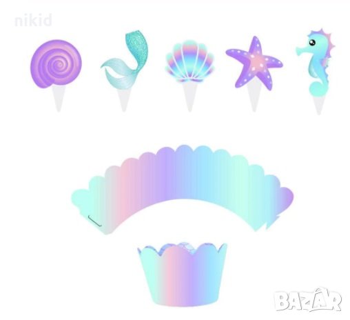 Опашка Русалка мида морска звезда 10 бр топери и декори за кошнички украса за мъфини кексчета парти, снимка 2 - Други - 30353873